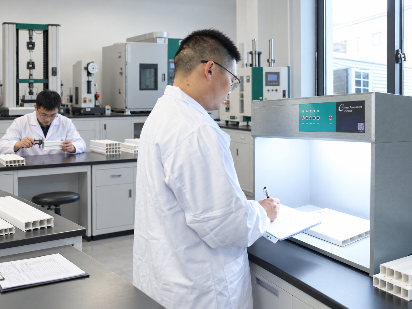 Quality technicians inspecting vinyl profiles in the testing laboratory
