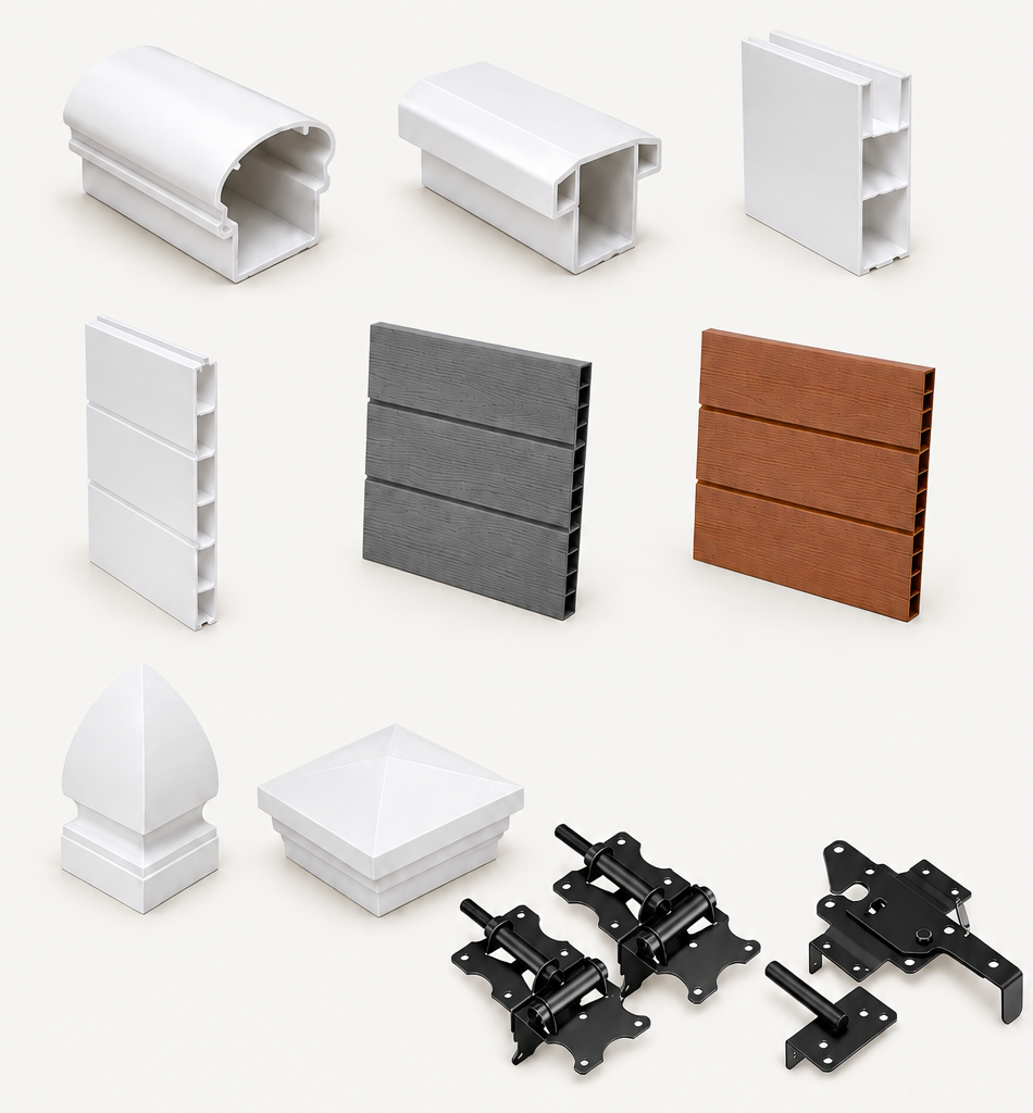 Vinyl profiles, white and woodgrain fence panels, post caps and black gate hardware